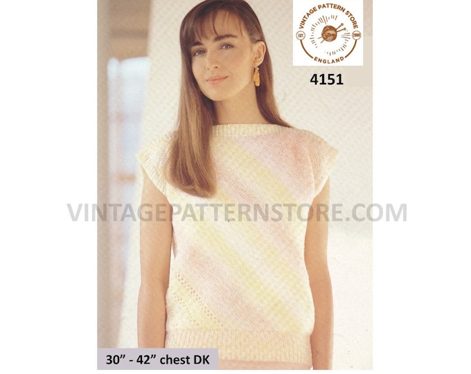 Ladies Womens 90s slash neck diagonal striped cap sleeve DK slipover sweater vest Summer top pdf knitting pattern 30" to 42" Download 4151