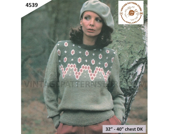 Ladies Womens 80s vintage retro DK fair isle yoke yoked crew neck raglan sweater jumper pdf knitting pattern 32" to 40" Download 4539