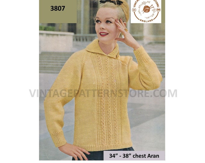 Ladies Womens 70s vintage collared round neck cabled cable panel raglan aran sweater jumper pdf knitting pattern 34" to 38"  Download 3807