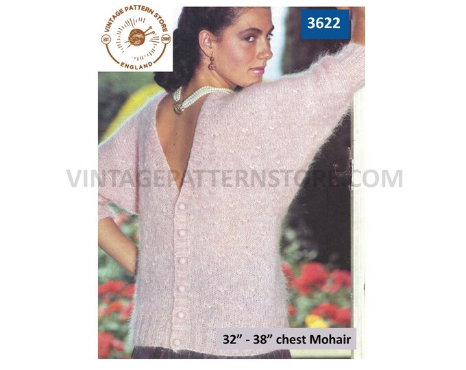 Ladies Womens 80s vintage easy to knit backwards backless back to front mohair dolman cardigan pdf knitting pattern 32" to 38" download 3622