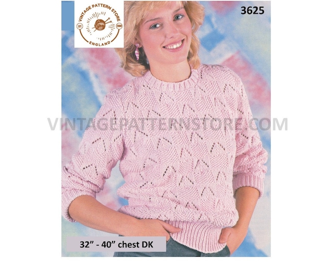 Ladies Womens 80s vintage round neck chevron lace & texture check DK raglan sweater jumper pdf knitting pattern 32" to 40" PDF download 3625