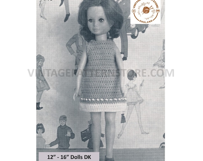 80s vintage 12" 14" 16" DK dolls clothes sleeveless square neck dress with contrast hem pdf crochet pattern Instant Download 4440