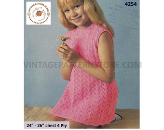 Girls 70s vintage 4 ply round neck eyelet lace lacy sleeveless dress pdf knitting pattern 24" to 26" chest Instant PDF Download 4254