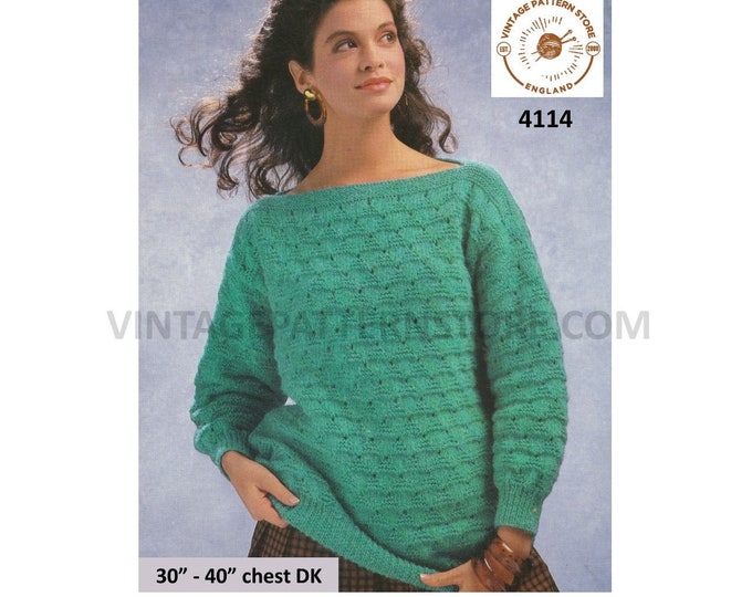 Ladies Womens 90s easy to knit slash neck drop shoulder textured dolman DK sweater jumper pdf knitting pattern 30" to 40" download 4114