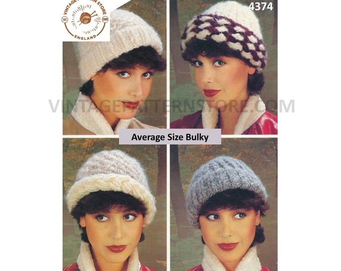 Ladies Womens 80s vintage bulky knit hat cap toque pdf knitting pattern 4 designs to knit Average head size Instant PDF Download 4374
