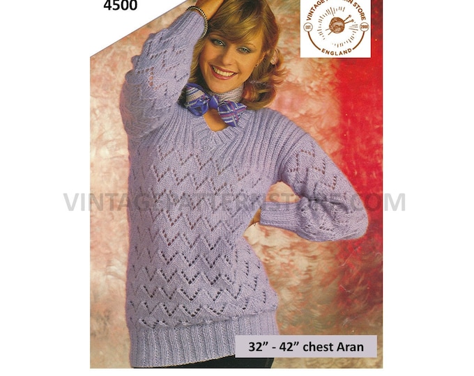 Ladies Womens 70s vintage V neck zig zag eyelet lace ribbed yoke lacy raglan sweater jumper pdf knitting pattern 32" to 42" Download 4500
