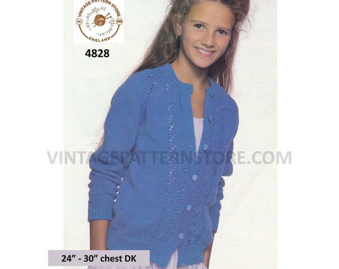 Girls 90s DK round neck eyelet lace panel lacy raglan cardigan pdf knitting pattern 24" to 30" chest Instant Download 4828