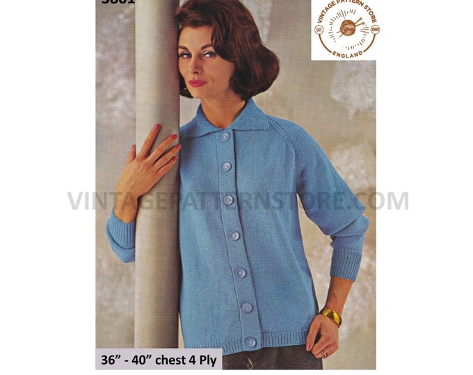 Ladies Womens 70s vintage easy to knit 4 ply round neck collared raglan cardigan jacket pdf knitting pattern 36" to 40" PDF download 3801