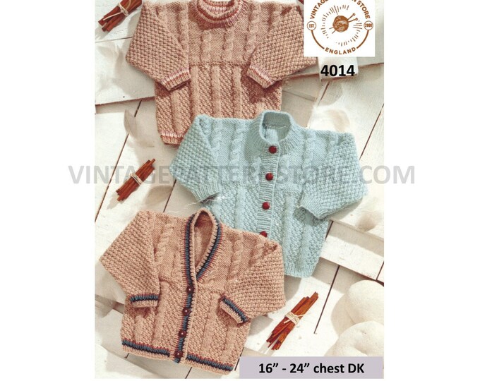 Baby Babies Toddlers Boys Girls 90s DK cabled & textured raglan cardigan sweater jumper pdf knitting pattern 16" to 24" PDF download 4014