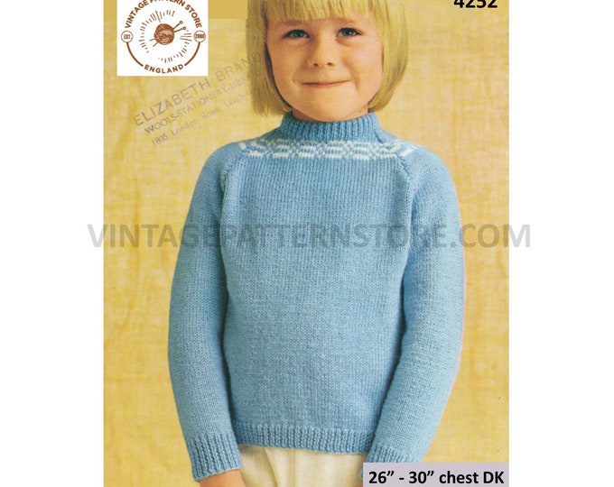 Girls Boys 70s vintage easy to knit DK crew neck fair isle banded yoke raglan sweater jumper pdf knitting pattern 26" to 30" Download 4252