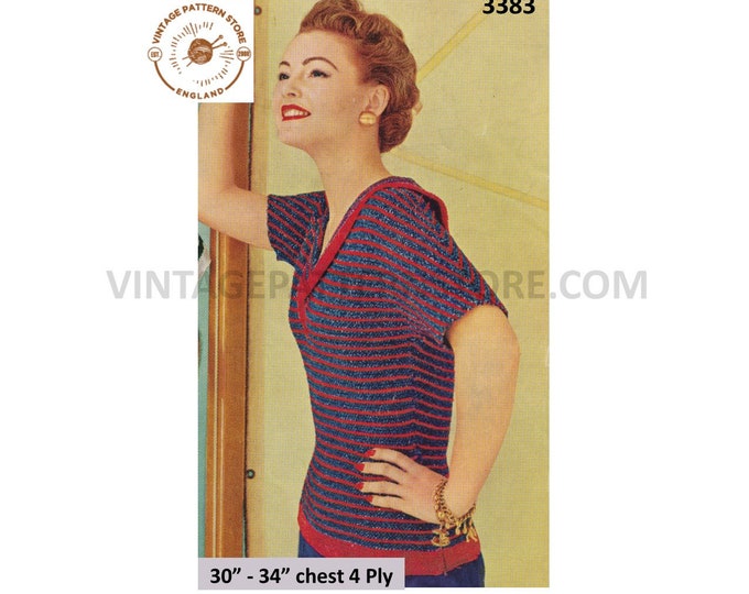 Ladies Womens 50s vintage shawl collar striped 4 ply short sleeve Summer blouse sweater jumper pdf knitting pattern 30" to 34" Download 3383