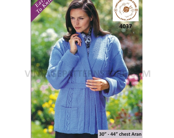 Ladies Womens 90s easy to knit shawl collar drop shoulder cable dolman belted aran jacket coat pdf knitting pattern 30" to 44" download 4037