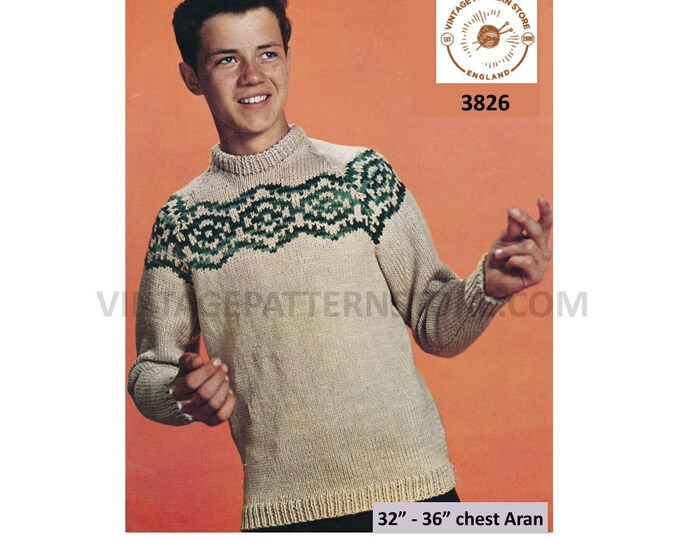 Boys 70s vintage easy to knit instant fair isle crew neck raglan aran sweater jumper pdf knitting pattern 32" to 36" chest PDF download 3826