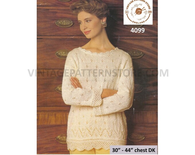 Ladies Womens 90s round neck eyelet lace lacy hem drop shoulder raglan DK sweater jumper pdf knitting pattern 30" to 44" chest download 4099