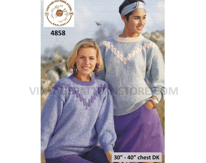Ladies Womens 90s DK round neck cable yoked cabled yoke drop shoulder raglan sweater jumper pdf knitting pattern 30" to 40" Download 4858
