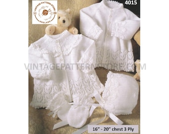 Baby Babies 90s 3 ply lacy picot pram set layette matinee coat jacket bonnet and mittens pdf knitting pattern 16" to 20" PDF download 4015