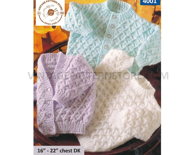 Baby Babies 90s DK round or V neck cable cabled raglan cardigan matinee coat & sweater jumper pdf knitting pattern 16" to 22" Download 4001