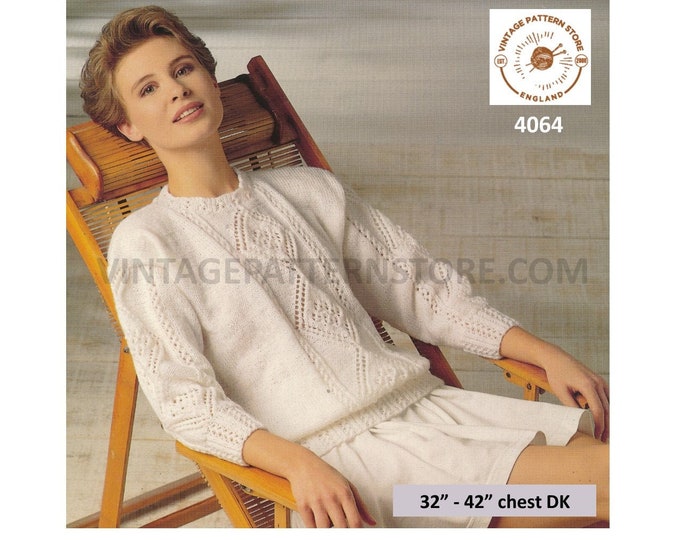 Ladies Womens 90s round neck lacy diamond eyelet lace drop shoulder raglan DK sweater jumper pdf knitting pattern 32" to 42" download 4064
