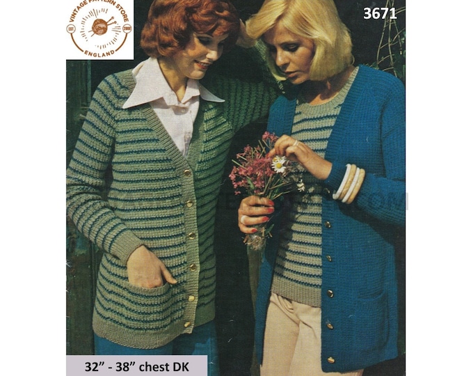 Ladies Womens 70s striped & plain V neck DK long line raglan cardigan slipover twin set pdf knitting pattern 32" to 38" chest Download 3671