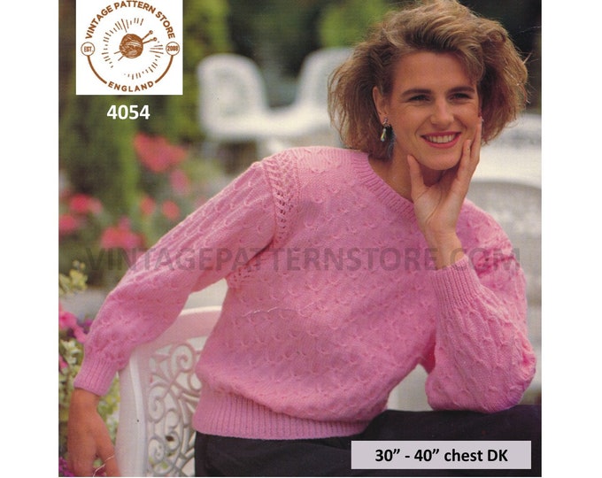 Ladies Womens 90s round neck lacy textured DK raglan sweater jumper pullover pdf knitting pattern 30" to 40" chest Instant PDF download 4054