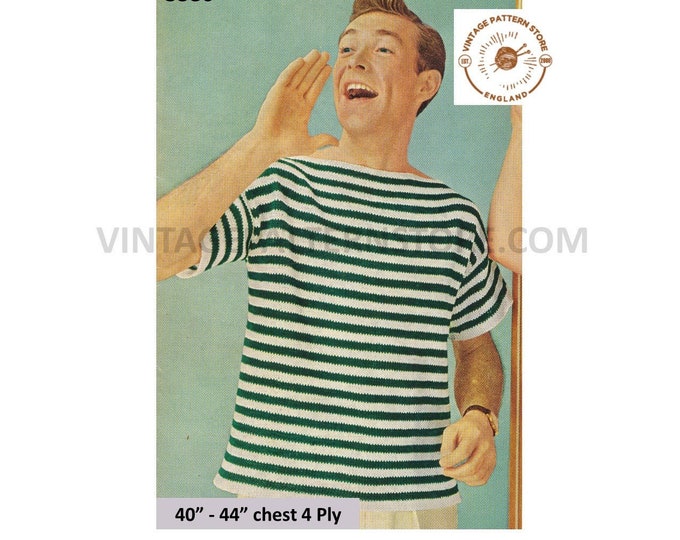 Mens Mans 50s vintage 4 ply slash neck striped short sleeve Summer sweater jumper pdf knitting pattern 40" to 44" Instant PDF download 3386