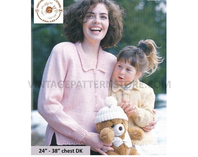 Ladies Girls 90s DK V neck collared raglan cardigan with tie and teddy bear clothes pdf knitting pattern 24" to 38" chest PDF Download 2135