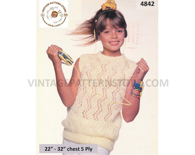 Girls round neck zigzag eyelet lace striped lacy sleeveless slipover sweater vest Summer top pdf knitting pattern 22" to 32" Download 4842