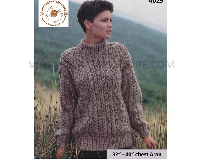 Womens 90s crew neck drop shoulder cable rib and arrowhead cabled dolman aran sweater jumper pdf knitting pattern 32" to 40" download 4029