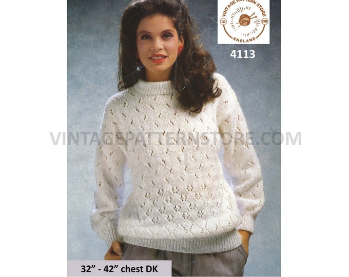 Ladies Womens 90s crew neck lacy eyelet lace drop shoulder raglan DK sweater jumper pdf knitting pattern 32" to 42" Instant download 4113