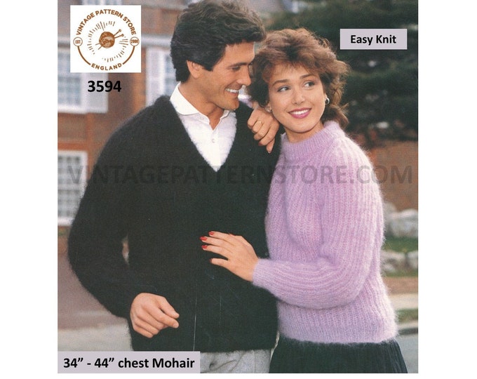 Ladies Womens Mens 80s simple easy to knit V & round neck fishermans rib ribbed mohair sweater pdf knitting pattern 34" to 44" Download 3594