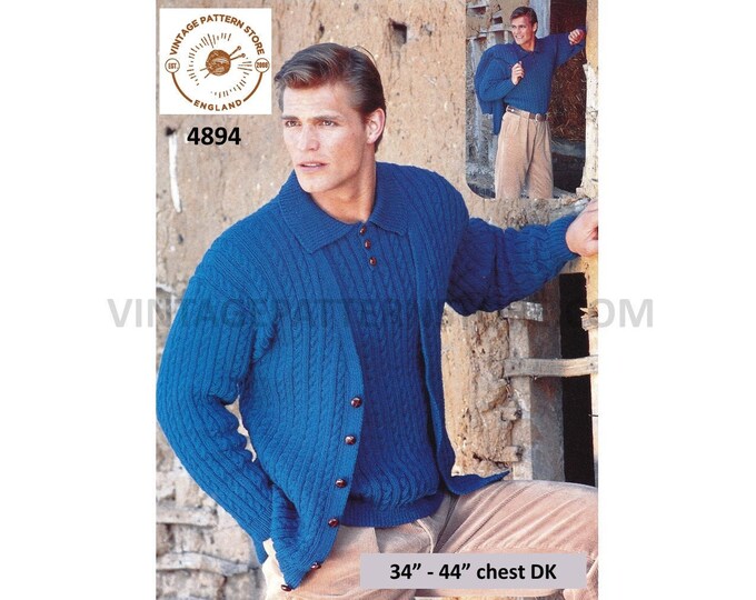 Mens 90s DK fine twist cable cabled shirt neck sweater jumper & drop shoulder dolman cardigan pdf knitting pattern 34" to 44" Download 4894