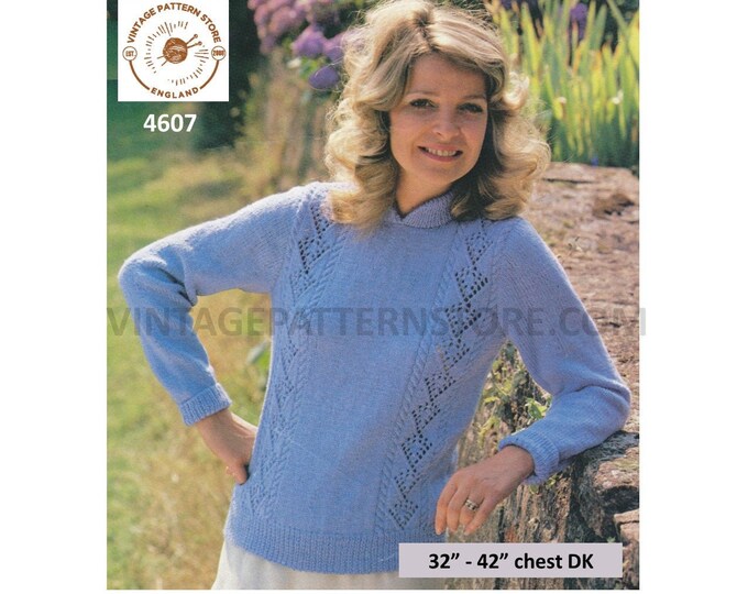 Ladies Womens 80s DK lacy eyelet lace panel crew neck cable cabled raglan sweater jumper pdf knitting pattern 32" to 42" Download 4607