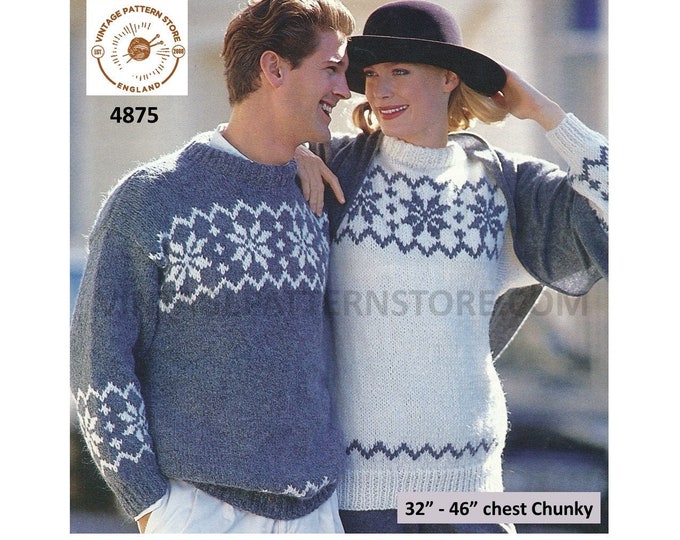 Womens Ladies Mens 90s chunky knit snowflake fair isle drop shoulder dolman sweater jumper pdf knitting pattern 32" to 46" PDF Download 4875