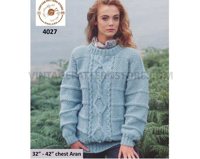 Ladies Womens 90s round neck cabled cable and texture drop shoulder dolman aran sweater jumper pdf knitting pattern 32" to 42" download 4027