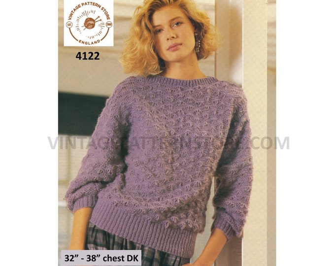 Ladies Womens 90s round neck drop shoulder string lace lacy dolman DK sweater jumper pdf knitting pattern 32" to 38" Instant Download 4122