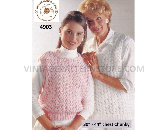 Womens Ladies Girls 90s chunky easy to knit V or round neck sleeveless slipover sweater vest pdf knitting pattern 30" to 44" Download 4845