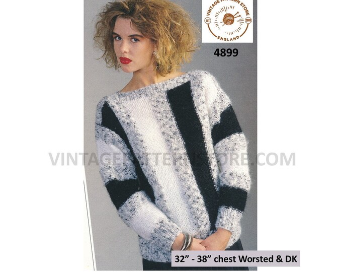 Ladies Womens 90s Worsted & DK slash neck drop shoulder striped dolman sweater jumper pdf knitting pattern 32" to 38" Download 4899