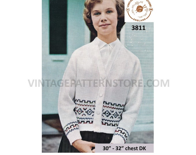 Girls 70s vintage easy to knit fair isle banded V neck raglan DK cardigan pdf knitting pattern 30" to 32" chest instant PDF download 3811