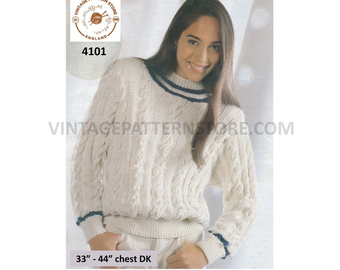 Ladies Womens 90s crew neck cable and moss stitch drop shoulder dolman DK sweater jumper pdf pdf knitting pattern 30" to 44" download 4101