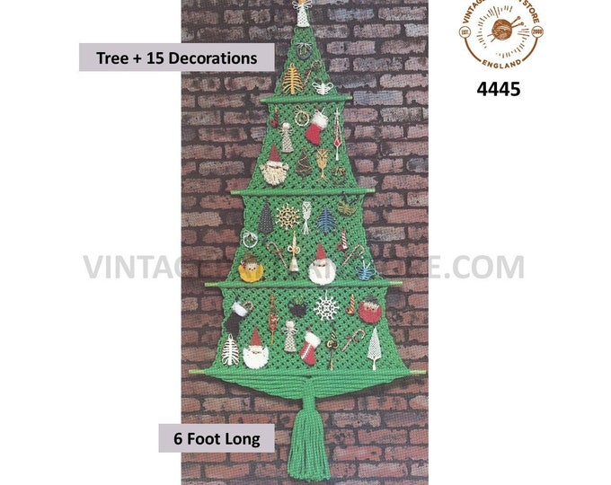 70s vintage macrame Christmas tree wall hanging and 15 ornaments decorations pdf macrame pattern 6 Foot long Instant PDF download 4445