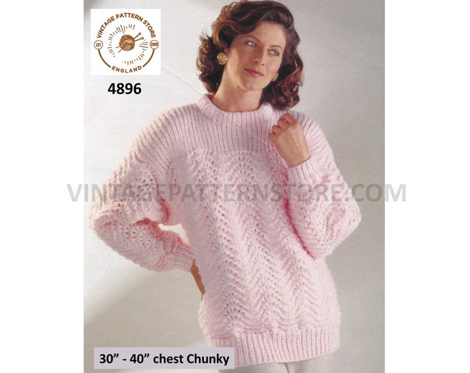 Womens Ladies 90s chunky knit crew neck scallop lace lacy drop shoulder dolman sweater jumper pdf knitting pattern 30" to 40" Download 4896
