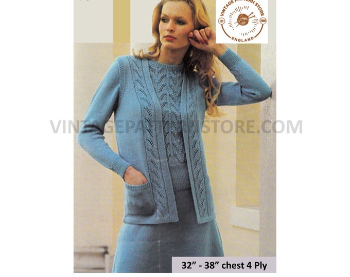 Ladies Womens 70s 4 ply lacy lace panel raglan cardigan sweater jumper and skirt twin set pdf knitting pattern 32" to 38" PDF download 782
