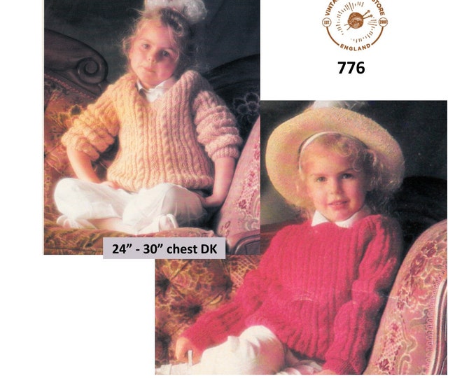 Girls 90s V or round neck drop shoulder cable cabled DK dolman sweater jumper pdf knitting pattern 24" to 30" chest Instant PDF download 776