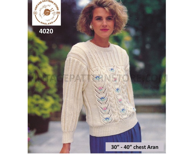 Womens 90s round neck cable cabled yoke yoked lacy eyelet lace raglan aran sweater jumper pdf knitting pattern 30" to 40" Download 4020
