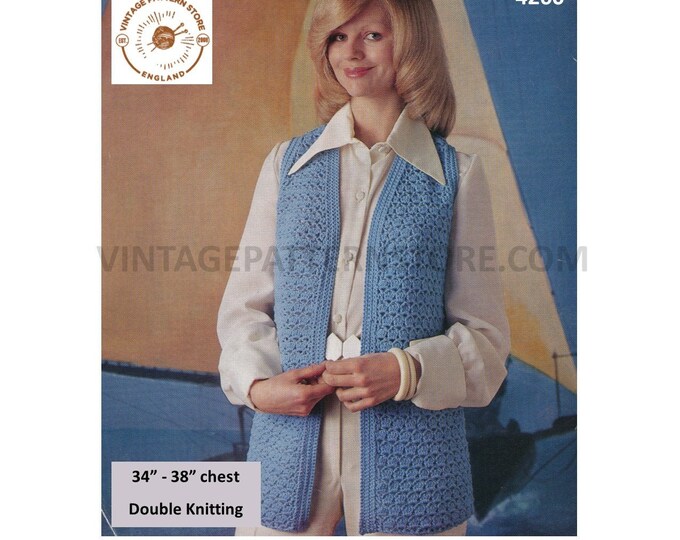 Ladies Womens 70s vintage DK V neck long line open front sleeveless jacket waistcoat pdf crochet pattern 34" to 38" Download 4260