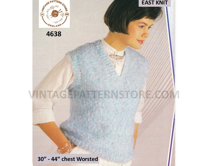 Womens 90s worsted fun quick and very easy to knit V neck sleeveless sweater vest jumper pdf knitting pattern 30" to 44" Download 4638