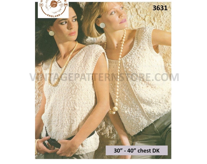 Ladies Womens 80s vintage DK round & V neck easy to knit slipover summer top sweater vest pdf knitting pattern 30" to 40" PDF Download 3631
