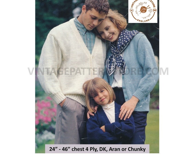 Simple & easy to knit family V neck drop shoulder 4 ply DK aran or chunky knit raglan cardigan pdf knitting pattern 24" to 46" download 4048