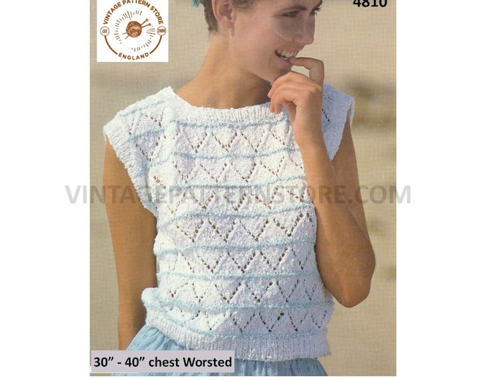 Womens 90s worsted round neck cap sleeve zigzag lace lacy slipover sweater vest summer top pdf knitting pattern 30" to 40" Download 4810