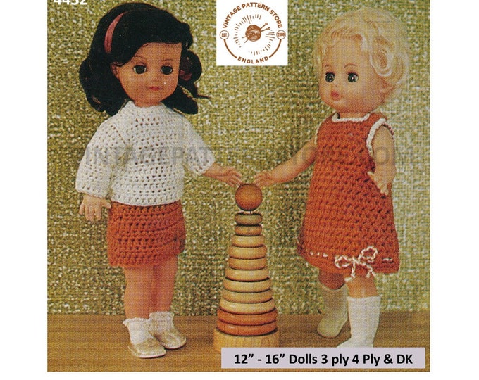 80s vintage 12" 14" 16" DK 3 ply & 4 ply dolls clothes dress skirt and sweater jumper pdf crochet pattern Instant PDF Download 4432